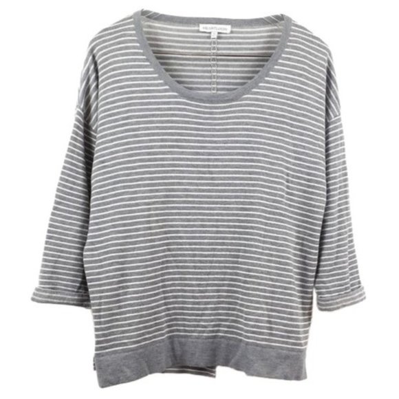 Heartloom Sweaters - Heartloom Gray White Stripe Merino Wool Back Slit 3/4 Sleeve Sweater Pullover XS